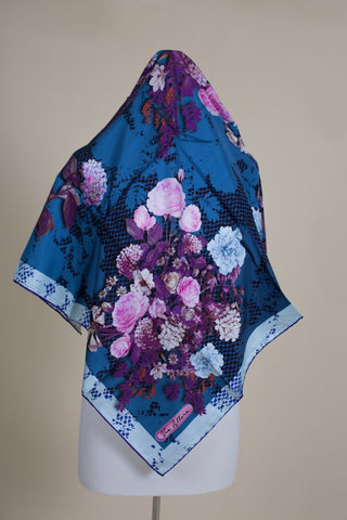 Silk Scarf with Purple Punch Flowered and Berry Blue Base