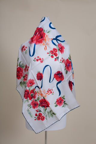 Silk Scarf with Blue Ribbon and Red Flowers