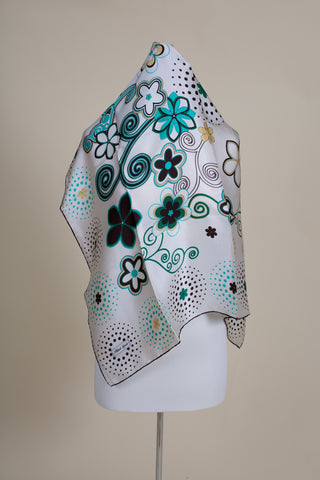 Silk Square Off-White with Spring Green Flowers